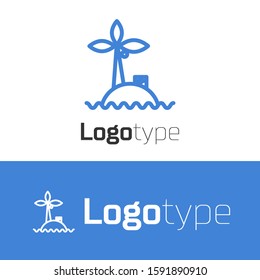 Blue line Tropical island in ocean icon isolated on white background. Landscape with ocean and palm trees. Travel. Logo design template element. Vector Illustration