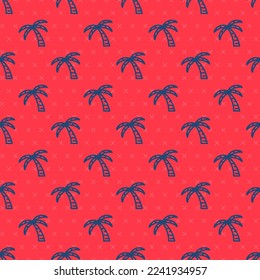 Blue line Tropical palm tree icon isolated seamless pattern on red background. Coconut palm tree.  Vector