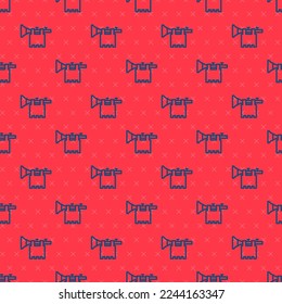 Blue line Trumpet with flag icon isolated seamless pattern on red background. Musical instrument trumpet.  Vector