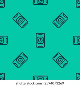 Blue line Turn off robot from phone icon isolated seamless pattern on green background.  Vector