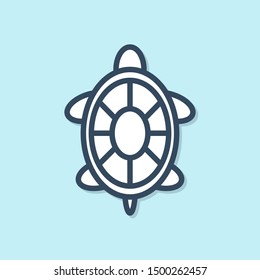 Blue line Turtle icon isolated on blue background.  Vector Illustration