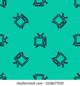Blue line Tv icon isolated seamless pattern on green background. Television sign.  Vector Illustration