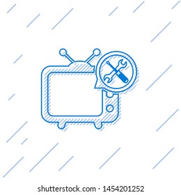 Blue line Tv with screwdriver and wrench icon isolated on white background. Adjusting, service, setting, maintenance, repair, fixing.  Vector Illustration