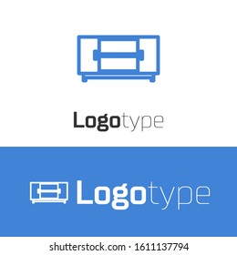 Blue line TV table stand icon isolated on white background. Logo design template element. Vector Illustration