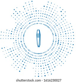 Blue line Tweezers icon isolated on white background. Abstract circle random dots. Vector Illustration