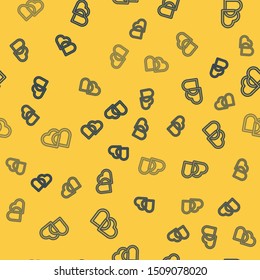 Blue line Two Linked Hearts icon isolated seamless pattern on yellow background. Romantic symbol linked, join, passion and wedding. Valentine day symbol.  Vector Illustration