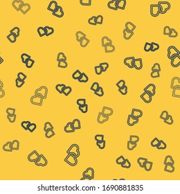 Blue line Two Linked Hearts icon isolated seamless pattern on yellow background. Romantic symbol linked, join, passion and wedding. Happy Women Day.  Vector Illustration