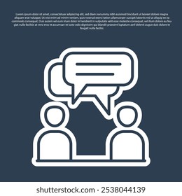Línea azul Dos hombres sentados hablando icono aislado sobre fondo azul. Charla de burbujas de discurso. Icono de mensaje. Símbolo de chat de comunicación o comentario.  Vector
