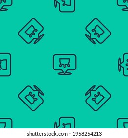 Blue line Udder icon isolated seamless pattern on green background.  Vector