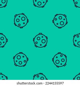 Blue line UFO abducts cow icon isolated seamless pattern on green background. Flying saucer. Alien space ship. Futuristic unknown flying object.  Vector Illustration