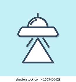 Blue line UFO flying spaceship icon isolated on blue background. Flying saucer. Alien space ship. Futuristic unknown flying object.  Vector Illustration