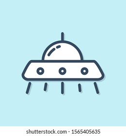 Blue line UFO flying spaceship icon isolated on blue background. Flying saucer. Alien space ship. Futuristic unknown flying object.  Vector Illustration