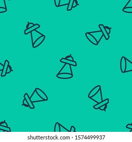 Blue line UFO flying spaceship icon isolated seamless pattern on green background. Flying saucer. Alien space ship. Futuristic unknown flying object.  Vector Illustration