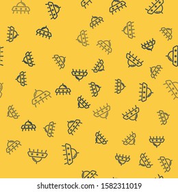 Blue line UFO flying spaceship icon isolated seamless pattern on yellow background. Flying saucer. Alien space ship. Futuristic unknown flying object.  Vector Illustration