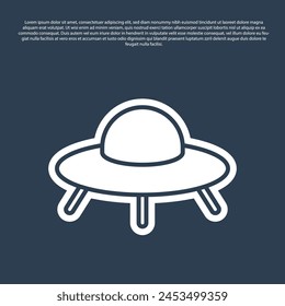 Blue line UFO flying spaceship icon isolated on blue background. Flying saucer. Alien space ship. Futuristic unknown flying object.  Vector