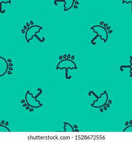 Blue line Umbrella and rain drops icon isolated seamless pattern on green background. Waterproof icon. Protection, safety, security concept. Water resistant symbol.  Vector Illustration