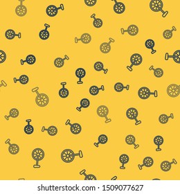 Blue line Unicycle or one wheel bicycle icon isolated seamless pattern on yellow background. Monowheel bicycle.  Vector Illustration
