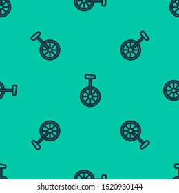 Blue line Unicycle or one wheel bicycle icon isolated seamless pattern on green background. Monowheel bicycle.  Vector Illustration