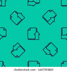 Blue line Upload file document icon isolated seamless pattern on green background. Document arrow.  Vector Illustration