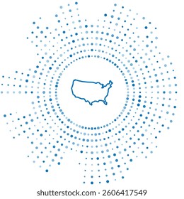 Blue line USA map icon isolated on white background. Map of the United States of America. Abstract circle random dots. Vector
