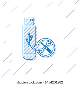 Blue line USB flash drive with screwdriver and wrench icon isolated on white background. Adjusting, service, setting, maintenance, repair, fixing.  Vector Illustration