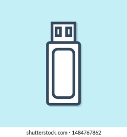 Blue line USB flash drive icon isolated on blue background.  Vector Illustration