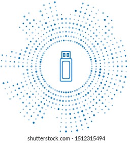 Blue line USB flash drive icon isolated on white background. Abstract circle random dots. Vector Illustration