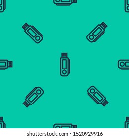 Blue line USB flash drive icon isolated seamless pattern on green background.  Vector Illustration