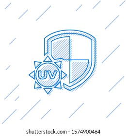 Blue line UV protection icon isolated on white background. Sun and shield. Ultra violet rays radiation. SPF sun sign.  Vector Illustration