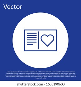 Blue line Valentines day flyer with heart icon isolated on blue background. Celebration poster template for invitation or greeting card. White circle button. Vector Illustration