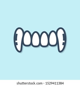 Blue line Vampire teeth icon isolated on blue background. Happy Halloween party.  Vector Illustration