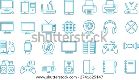 Blue line of various technology devices and gadgets line gadgets computer