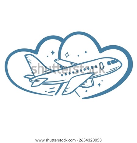 Blue line vector of an airplane flying through a heart-shaped cloud. Great for honeymoon, travel, and destination wedding themes