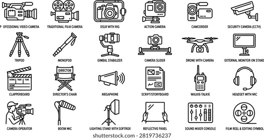 Blue line vector icon set of movie camera and video production equipment featuring broadcasting filmmaking studio gear and cinema industry symbols