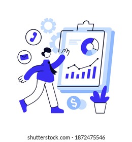 blue line vector illustration of business, office workers studying a infographic, the analysis of the evolutionary scale