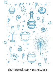 Blue line vector illustration filled with spirals and dots with holiday winter new year theme such as bottle of wine, glass of champagne, fireworks and hot tea