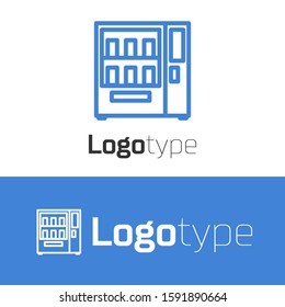 Blue line Vending machine of food and beverage automatic selling icon isolated on white background. Logo design template element. Vector Illustration