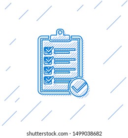 Blue line Verification of delivery list clipboard and pen icon isolated on white background.  Vector Illustration