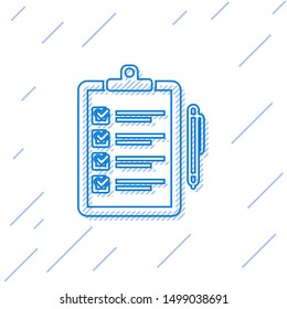 Blue line Verification of delivery list clipboard and pen icon isolated on white background.  Vector Illustration