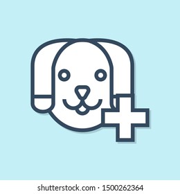 Blue line Veterinary clinic symbol icon isolated on blue background. Cross with dog veterinary care. Pet First Aid sign.  Vector Illustration