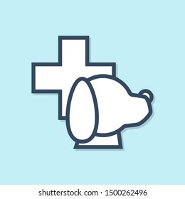 Blue line Veterinary clinic symbol icon isolated on blue background. Cross with dog veterinary care. Pet First Aid sign.  Vector Illustration