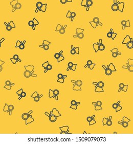 Blue line Veterinary clinic symbol icon isolated seamless pattern on yellow background. Magnifying glass with cat veterinary care. Pet First Aid sign.  Vector Illustration