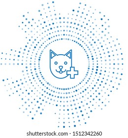 Blue line Veterinary clinic symbol icon isolated on white background. Cross with cat veterinary care. Pet First Aid sign. Abstract circle random dots. Vector Illustration
