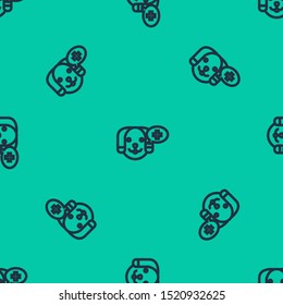Blue line Veterinary clinic symbol icon isolated seamless pattern on green background. Cross with dog veterinary care. Pet First Aid sign.  Vector Illustration