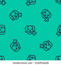 Blue line Veterinary clinic symbol icon isolated seamless pattern on green background. Cross with dog veterinary care. Pet First Aid sign.  Vector Illustration