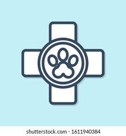 Blue line Veterinary clinic symbol icon isolated on blue background. Cross hospital sign. Stylized paw print dog or cat. Pet First Aid sign.  Vector Illustration