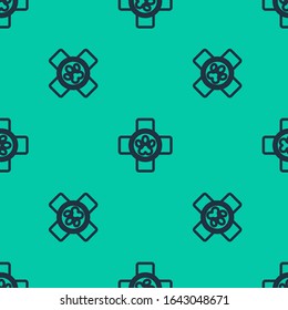 Blue line Veterinary clinic symbol icon isolated seamless pattern on green background. Cross hospital sign. Stylized paw print dog or cat. Pet First Aid sign.  Vector Illustration