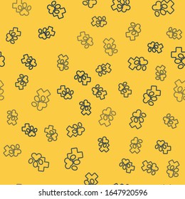 Blue line Veterinary clinic symbol icon isolated seamless pattern on yellow background. Cross hospital sign. Stylized paw print dog or cat. Pet First Aid sign.  Vector Illustration
