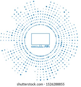 Blue line Video game console icon isolated on white background. Game console with joystick and lcd television. Abstract circle random dots. Vector Illustration