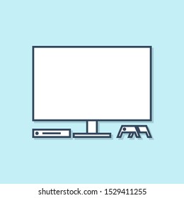 Blue line Video game console icon isolated on blue background. Game console with joystick and lcd television.  Vector Illustration